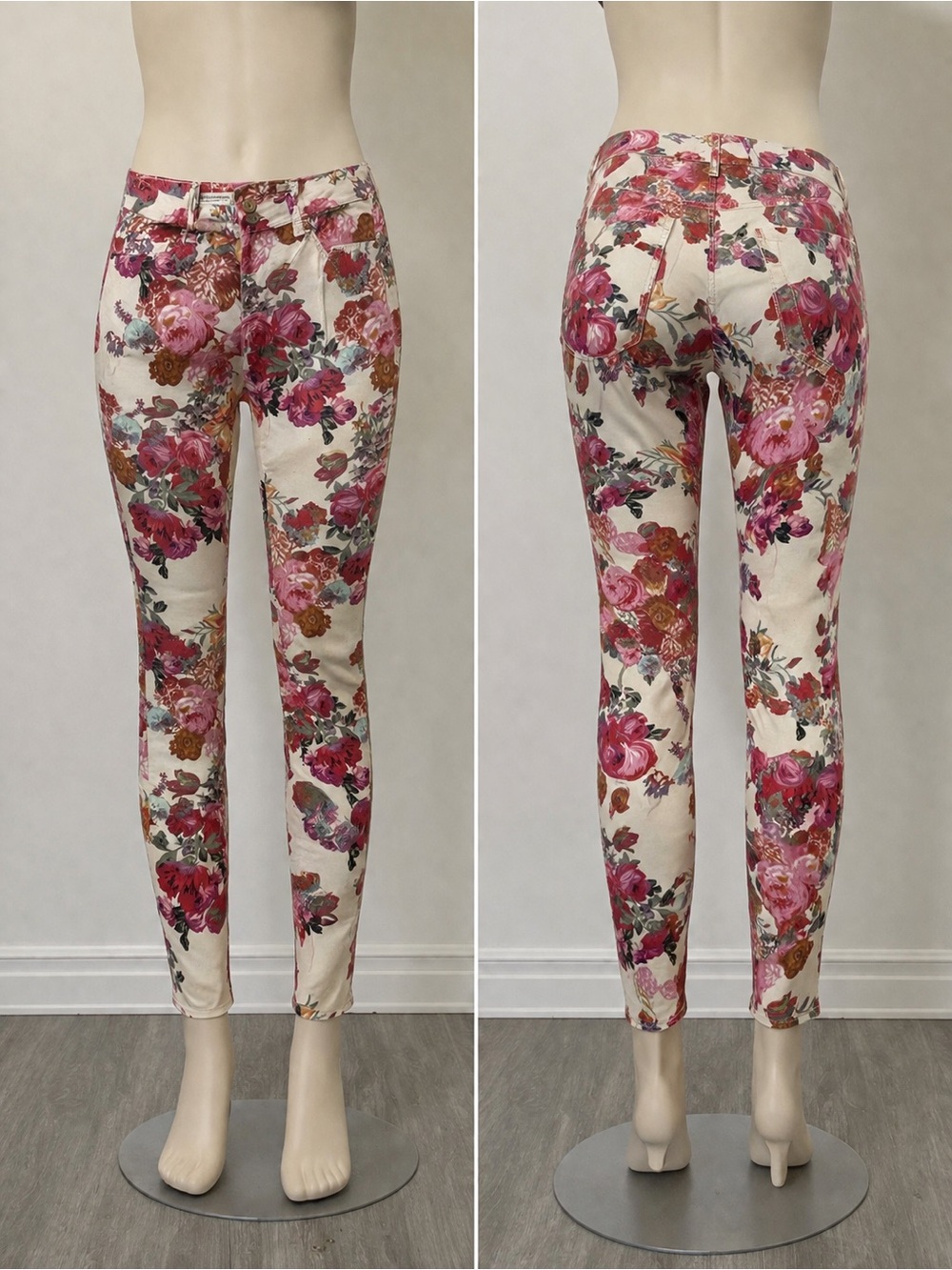 Pilcro Cream Skinny Pants with Pink & Brown Floral Print